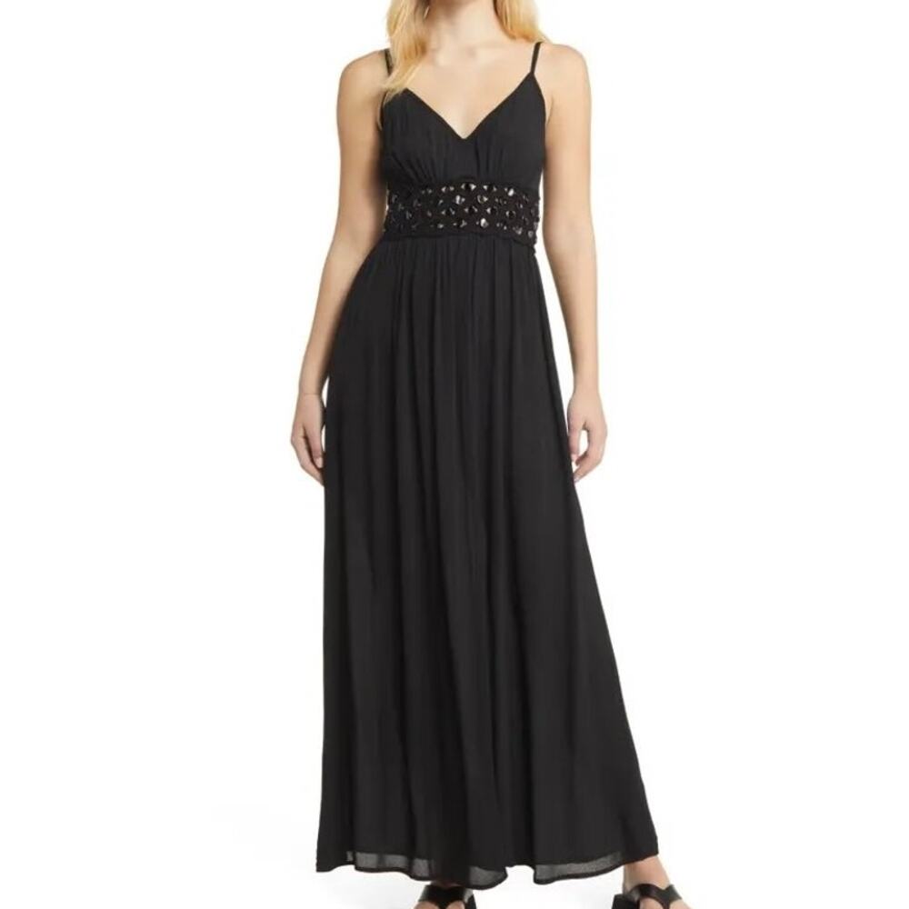 TOPSHOP Beaded Crochet Waist Sleeveless Black Maxi Dress New Womens 14